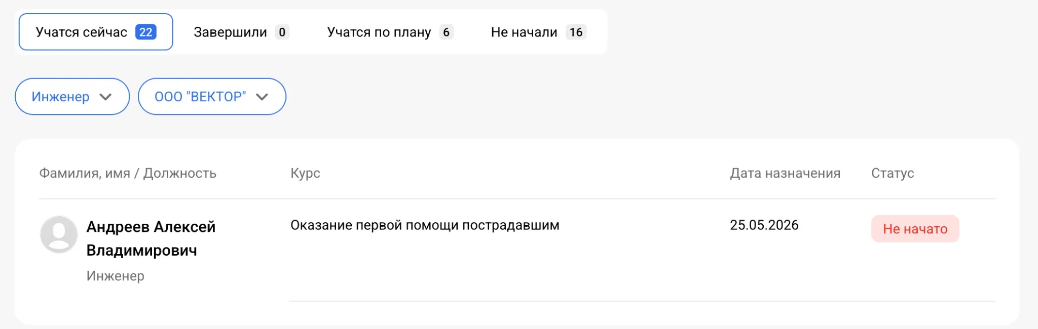Отчёт по обучению: статусы сотрудников и фильтры